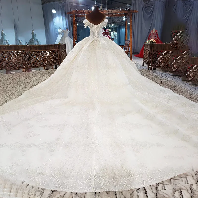 HTL1925 Elegant Extravagant Sequin Crystal Wedding Dress Deep V-Neck Short Sleeve Lace Up Off The Shoulder robe de mariage 2021 2