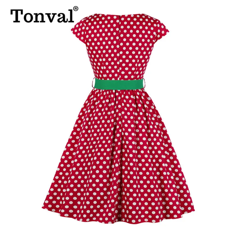 Tonval Rockabilly женское винтажное платье в горошек с круглым вырезом и зеленым поясом, а конец линии рукава, облегающая элегантная булавка