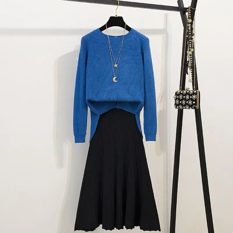 

Fall Winter Women Blue Knitted Split Loose Pullover Suits + High Elastic Waist Ball Gown Pleated Skirt Set Casual 2 Piece Set