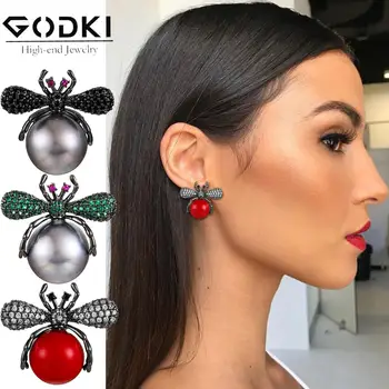 

GODKI Spider Insect Shell Pearl Earrings for Women Wedding Fashion Popular Luxury Geometry Full Cubic Zirconia Pave Earring Gift