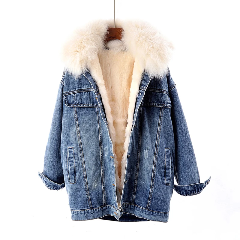 remarkable  Winter Warm fur Coat Natural Fur Collar + Real Rabbit Hair Liner Denim fur Jacket Female retro fur 