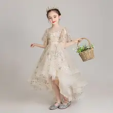 Новинка года; детское длинное платье принцессы с короткими рукавами спереди и сзади; платье-пачка для маленьких принцесс на свадьбу и День рождения; одежда; F52