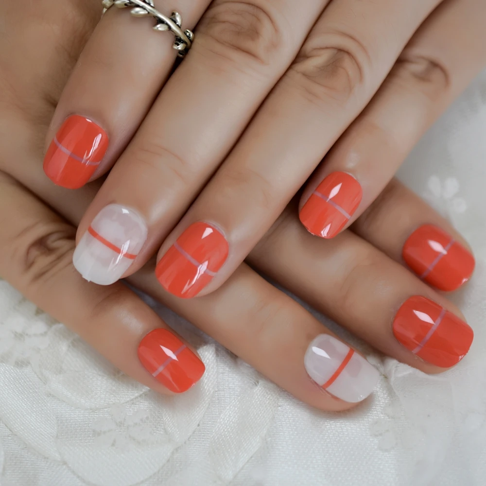 Short Fake Nails Red Fade Shiny French Lin Tip Mix Color Pre-designed Nail  Art Acrylic Nails Kit 24 - False Nails - AliExpress