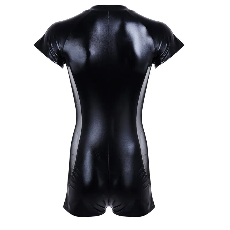 Mens Black Mesh Patent Leather Zipper Bodysuit Sexy Short Sleeve Open Crotch Skin Tight Catsuit Male Clubwear Costume Plus Size men underwear