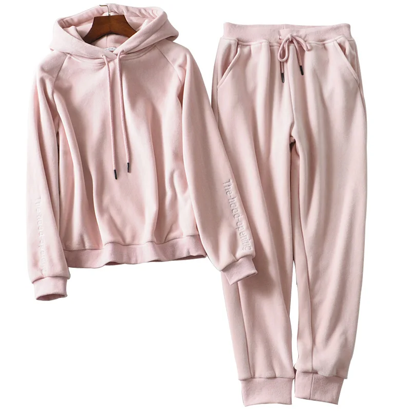 Jvzkass new thick velvet sports suit two-piece female hooded embroidery sweatshirt+ casual pants to keep warm Z332