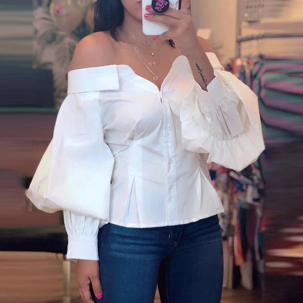 Blusa blanca con hombros descubiertos para verano, camisa de manga larga farol para blusa de trabajo de oficina, estilo coreano, 2020| Blusas y camisas| - AliExpress