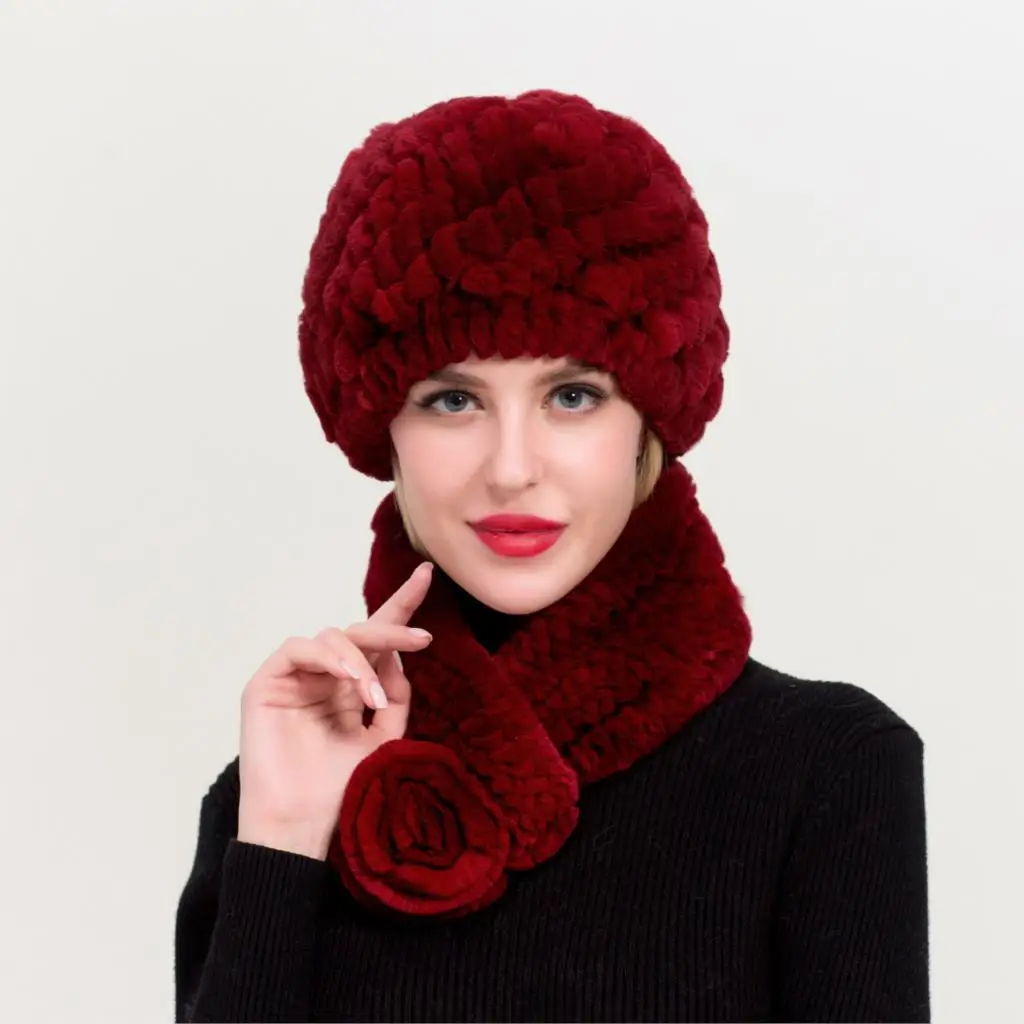 ZDFURS* зимний женский Настоящий мех кролика шапка шарф 2 шт. набор ручной вязки из натурального кроличьего меха шапки брендовая модная шапка шарф - Цвет: wine red