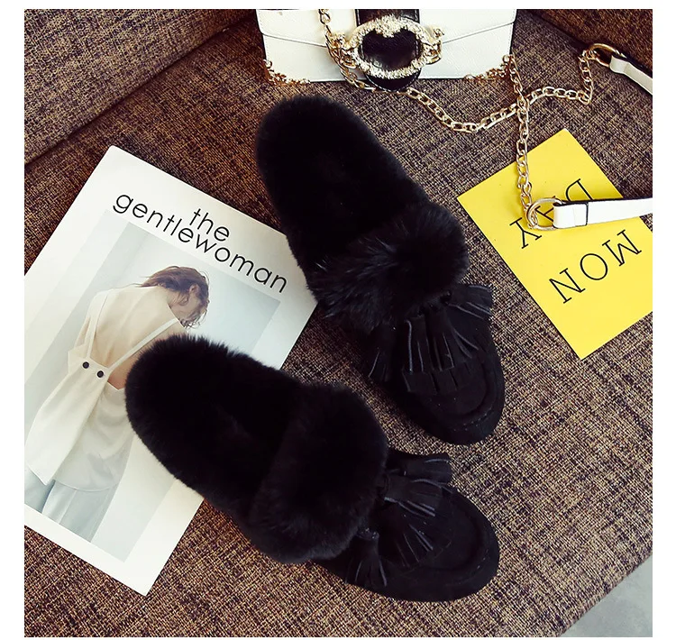 Женская зимняя обувь с бахромой; обувь на плоской подошве с кроличьим мехом; нескользящие Туфли-оксфорды на платформе; пушистые тапочки; большие размеры 43; лоферы с хлопковой подкладкой и бантом; женская обувь; 608 - Цвет: black 1