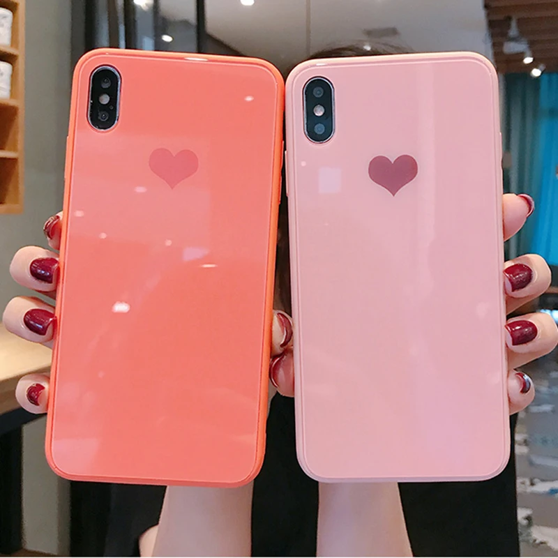 

Cute Love Heart Pattern Glass Cases For iPhone XR XS Max X 7 8 Plus 6 6S Plus Liquid Silicone Bumper Full Protective Back Cover