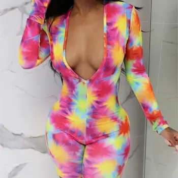 

Women Tie Dye Rainbow Party Bodysuit Harajuku Deep V Neck Slim Short Jumpsuits Print High Waist Long Sleeve Sexy Rompers