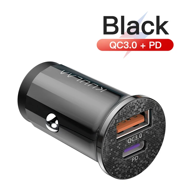 KUULAA Mini USB Car Charger Quick Charge 4.0 PD 3.0 36W Fast Charging Charger For iPhone Huawei Xiaomi Mi Type C Mobile Phone QC PD Black