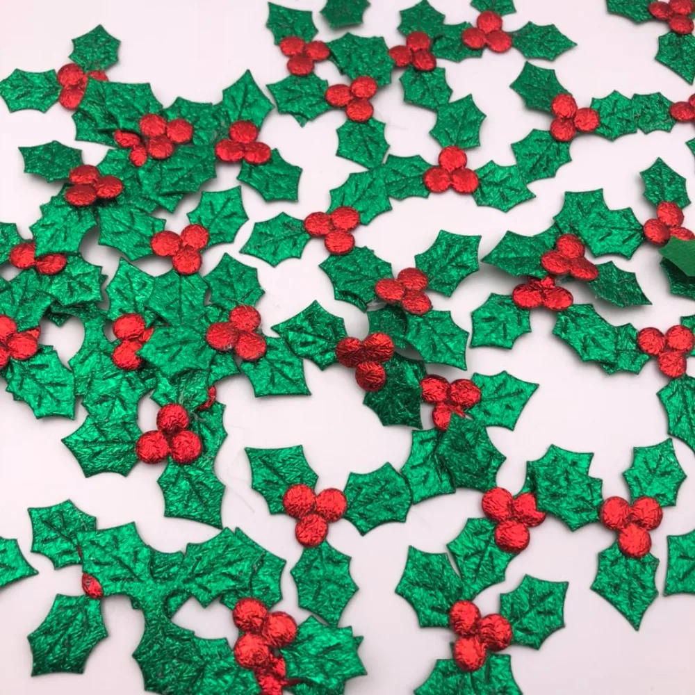 

100 Christmas green leaves and red fruit/grams Sequins PVC Flat for DIY Card Making Craft Color Collection