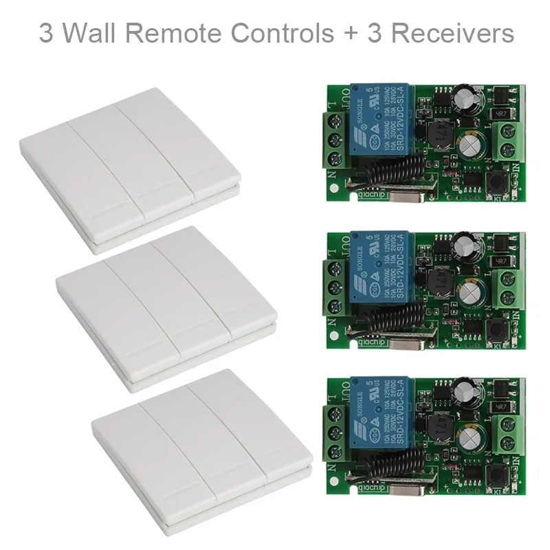 QIACHIP, 433 МГц, 86, настенная панель, радиочастотный передатчик, дистанционное управление, переключатель+ 433 МГц, РЧ реле, беспроводной, AC 110 В, 220 В, 1 CH, модуль приемника - Цвет: 3 RC and 3 Receiver