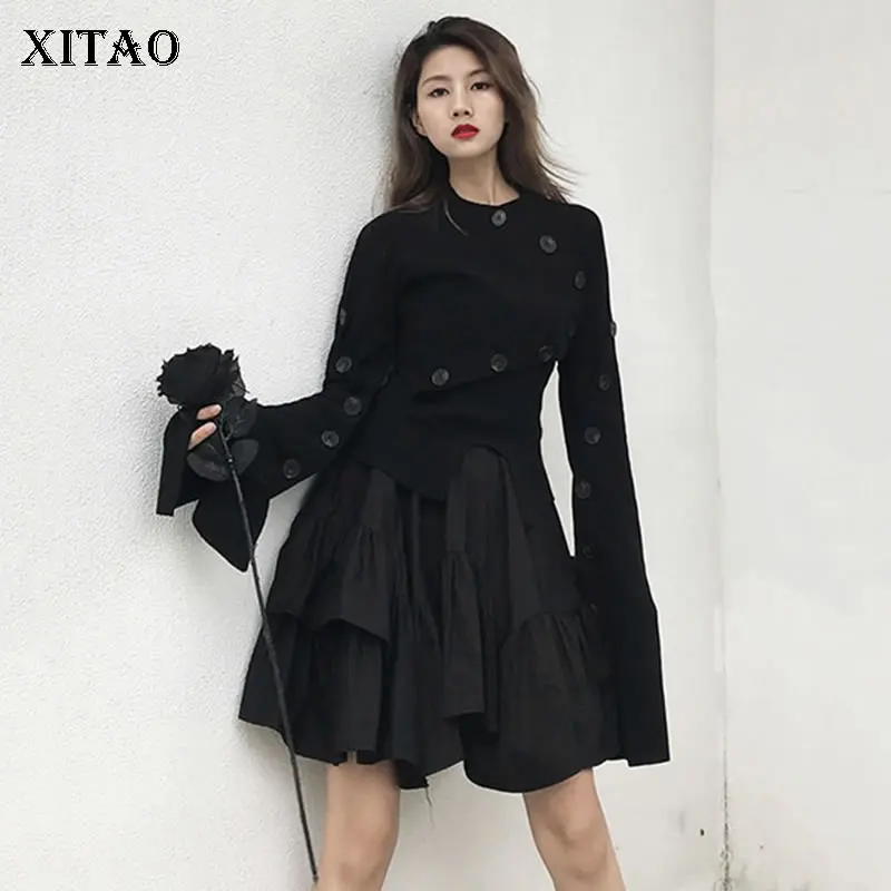 XITAO трикотажная тонкая футболка женская Klorea модная новинка осень рукав бабочка черная плиссированная Элегантная Повседневная стильная футболка GCC1939