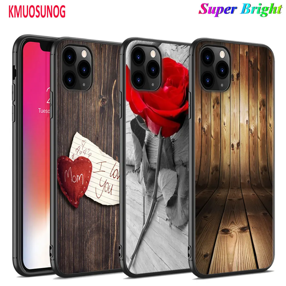 

Black Silicone Case Wooden flower for iPhone 11 11Pro XS MAX XR X 8 7 6S 6 Plus 5S Gloss Phone Case Cover