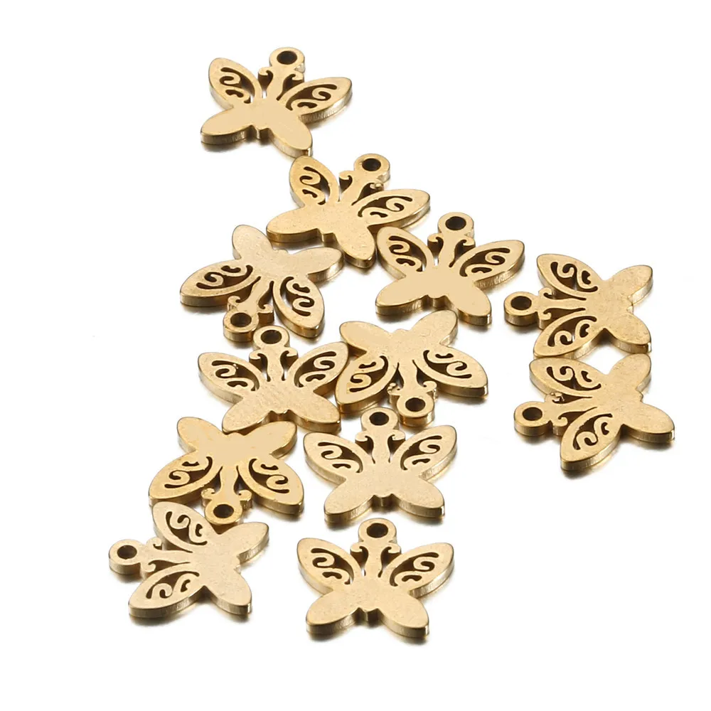 10 шт./партия, золотые подвески из нержавеющей стали с подвеской в форме бабочки для браслета, ожерелья, Diy ювелирных изделий