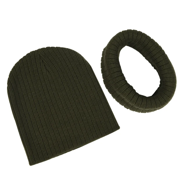 Winter Kids Boy Girl Solid Color Knitted Cap And Scarf Set Crochet Baby Beanie Hat Children's Accessories Bonnet army green