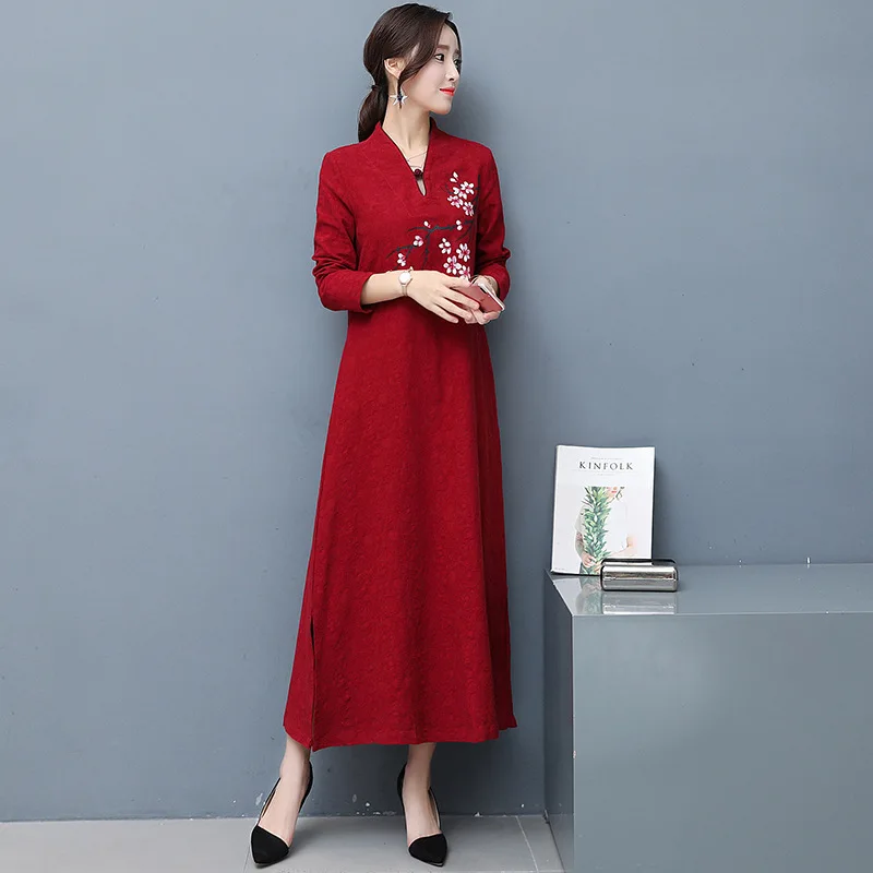 

Mo6055 Vintage Improved Cheongsam Dress 2017 Autumn Long Sleeve WOMEN'S Dress New Style Stand Collar Hand-Painted A- line Long S
