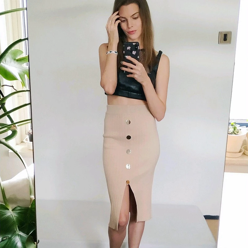 Женская трикотажная юбка GIGOGOU длинная с высокой талией и пуговицами на осень