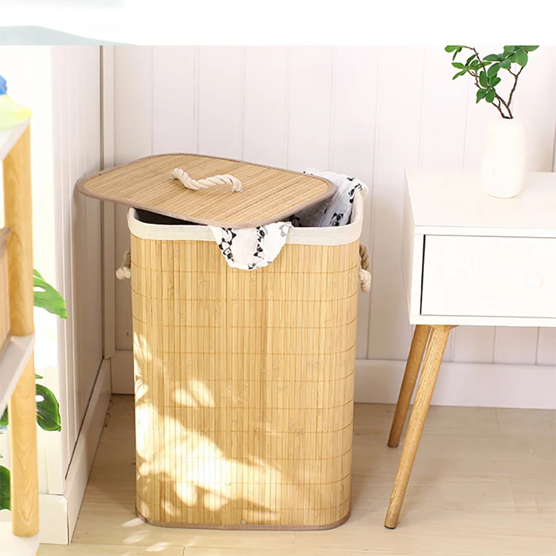 Folding Bamboo Laundry Hamper Basket Storage Bin Dirty Clothes Washing Bag 