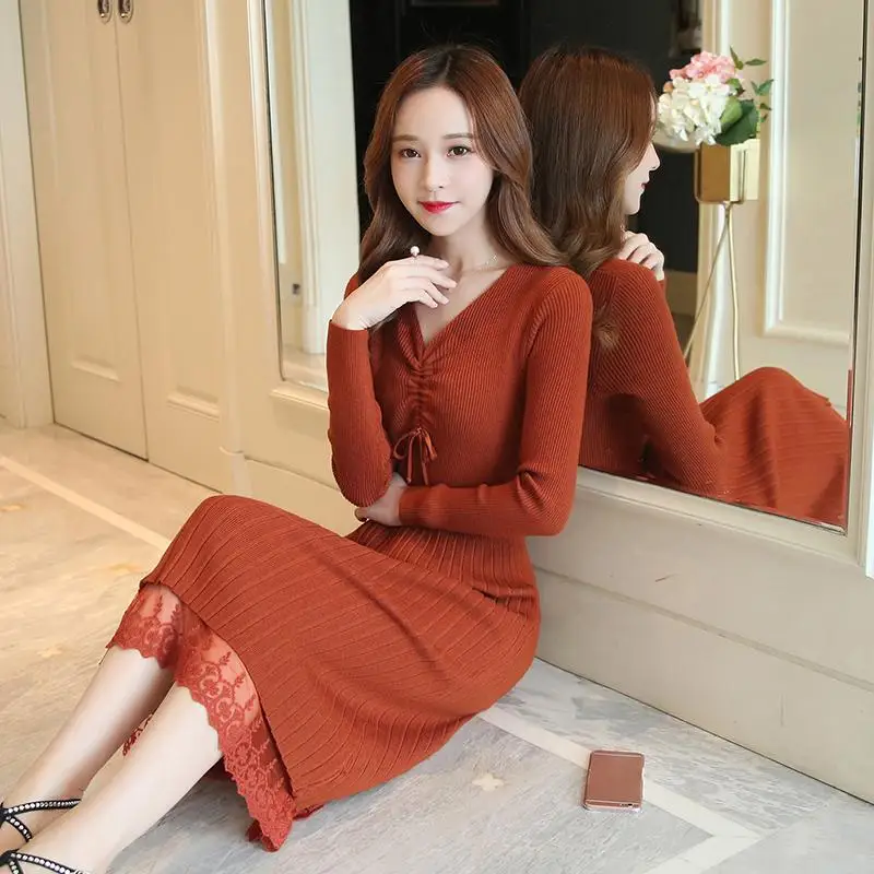 

Autumn and winter Women V-neck lace Long dress knitted bottoming dress Slim girl solid Elegant Dresses