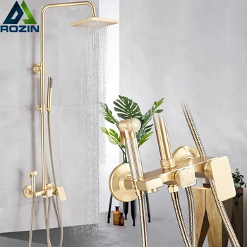 

Brushed Gold Shower Set Bathroom Tub Shower Mixer Tap Rainfall Bath Shower Faucet Brass Bidet Head In-wall Rain Shower Tap