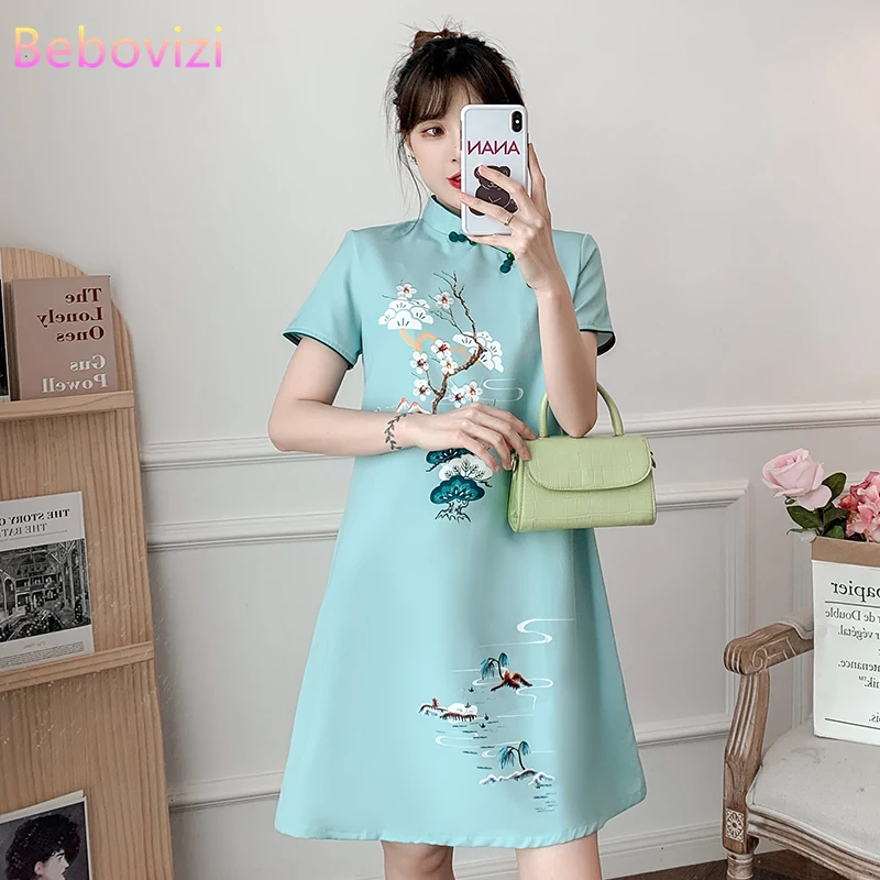 Размера плюс M-4XL 2021 новые синие свободные модные современные Cheongsam платье для