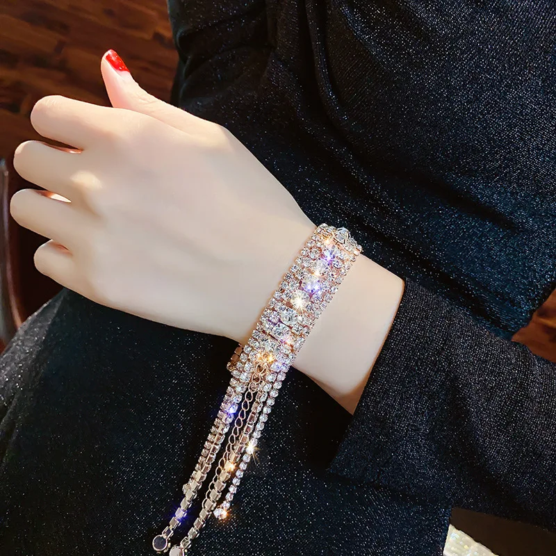 FYUAN модный браслет, полностью из стразов для женщин блестящие длинные кисточки кристаллы кулон браслеты и браслеты украшения подарки - Окраска металла: rose gold