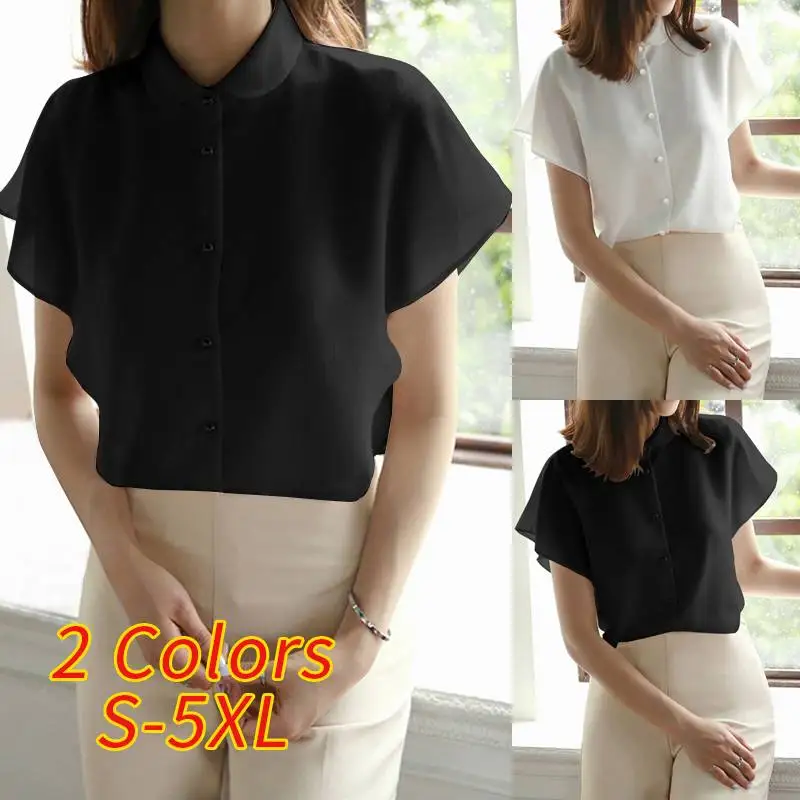 Celmia Plus Size Ruffles Shirts Elegant Women White Chiffon Blouse Summer Short Sleeve Office Tops Buttons Casual Loose Blusas 7