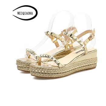 

WEIQIAONA Summer Casual Bling Gold New Design High Wedges Waterproof Platforms Rivets Fashion Comfortable Women Sandals