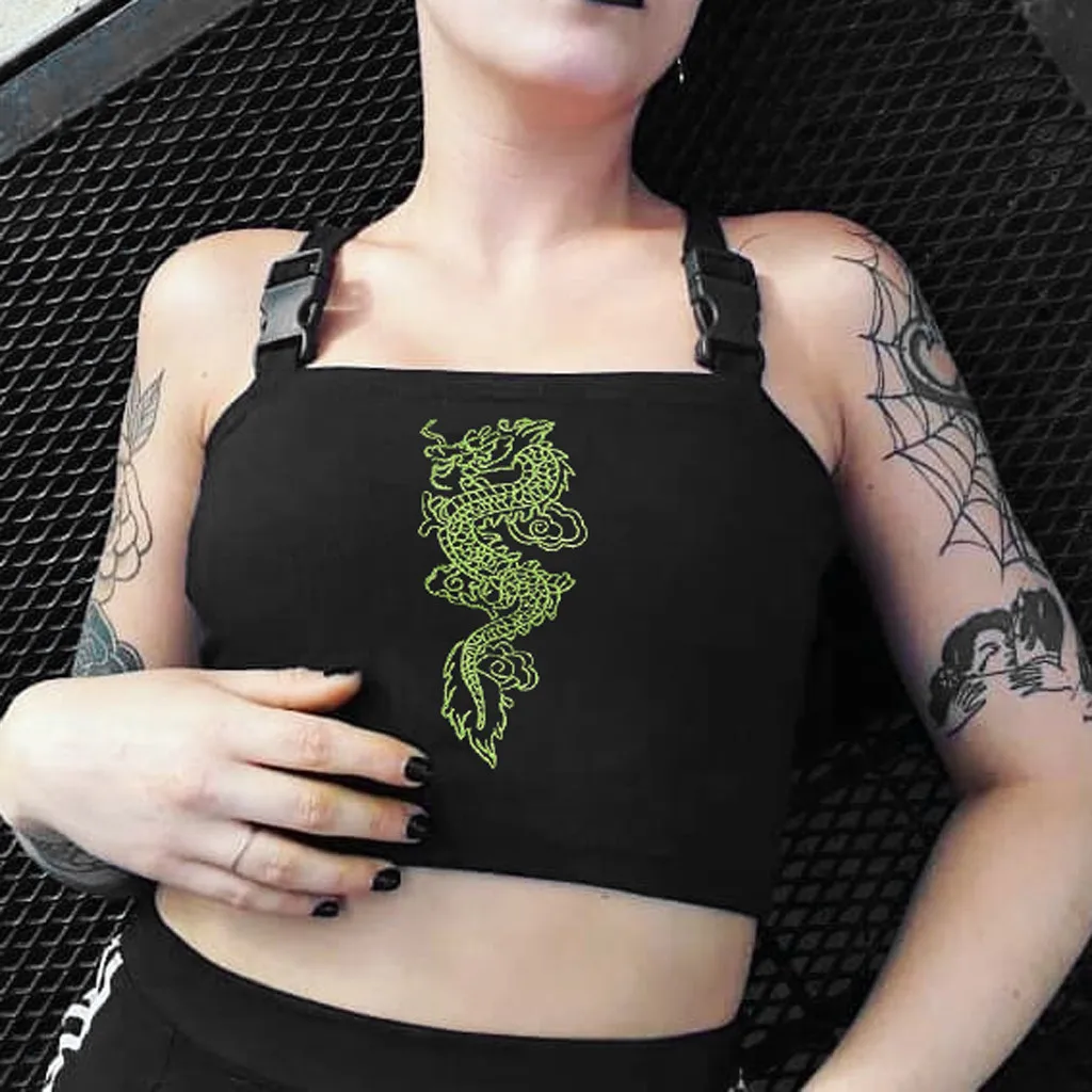 

Fashion Women Blouse Cross Halter Buckle Sleeveless Dragon Embroidery Short Crop Top punk Hip hop style female Blouses #XSL