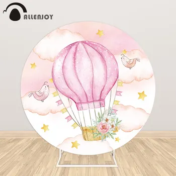 

Allenjoy Hot Air Balloon Round Backdrop Cover Little Pink Bird Flower Cloudy Stars Birthday Party Photo Girl Shower Background