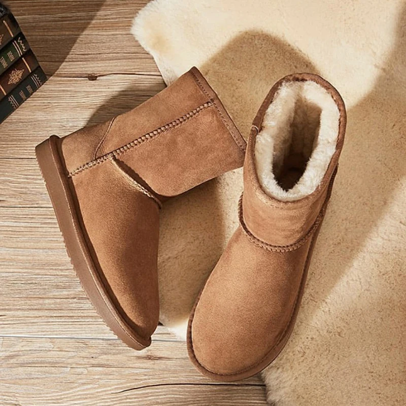 

Women's Snow Mid-Calf Waterproof Boots Winter Ladies Warm Cowhide Leather Suede Brown Booty Non-slip Cozy Shoes