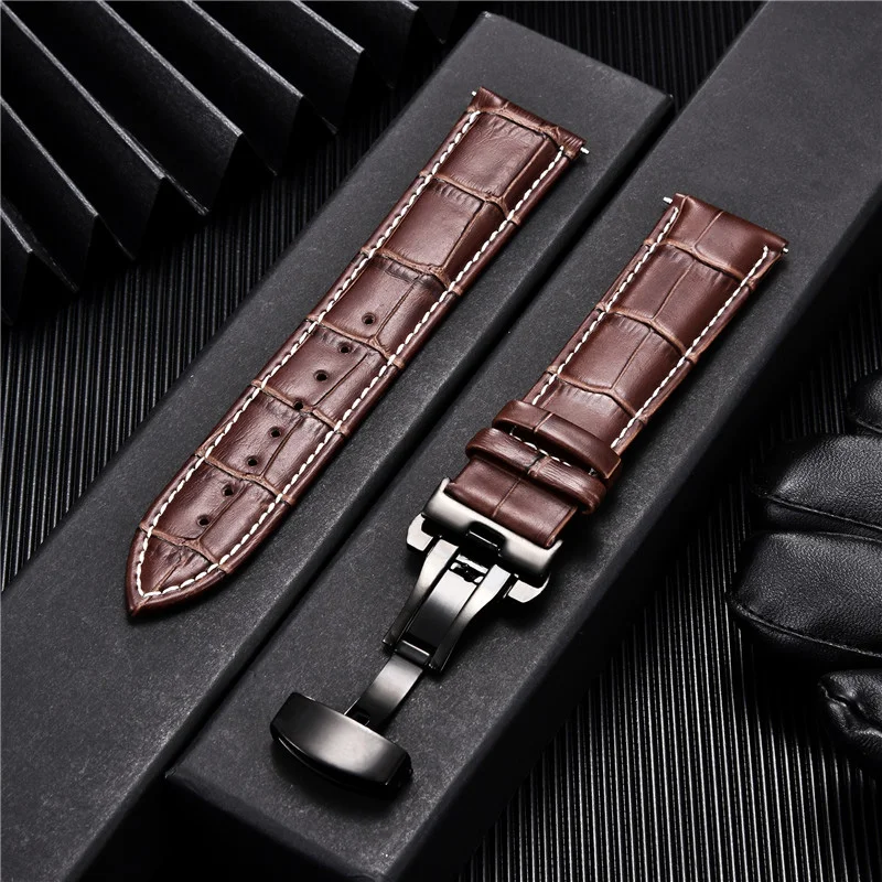 Premium Genuine Leather Watchband with Butterfly Buckle - Elegant Men's Strap Accessory