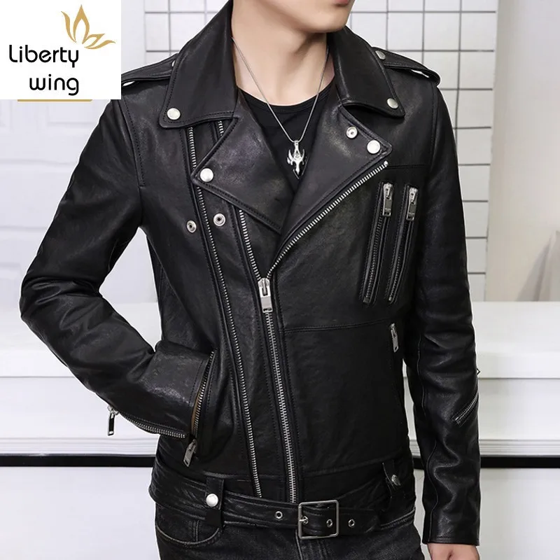 

Motorcycle Leather Jacket Business 100% Genuine Sheepskin Coat Men Oblique Zipper Bomber Biker Jackets Black Cuero Genuino