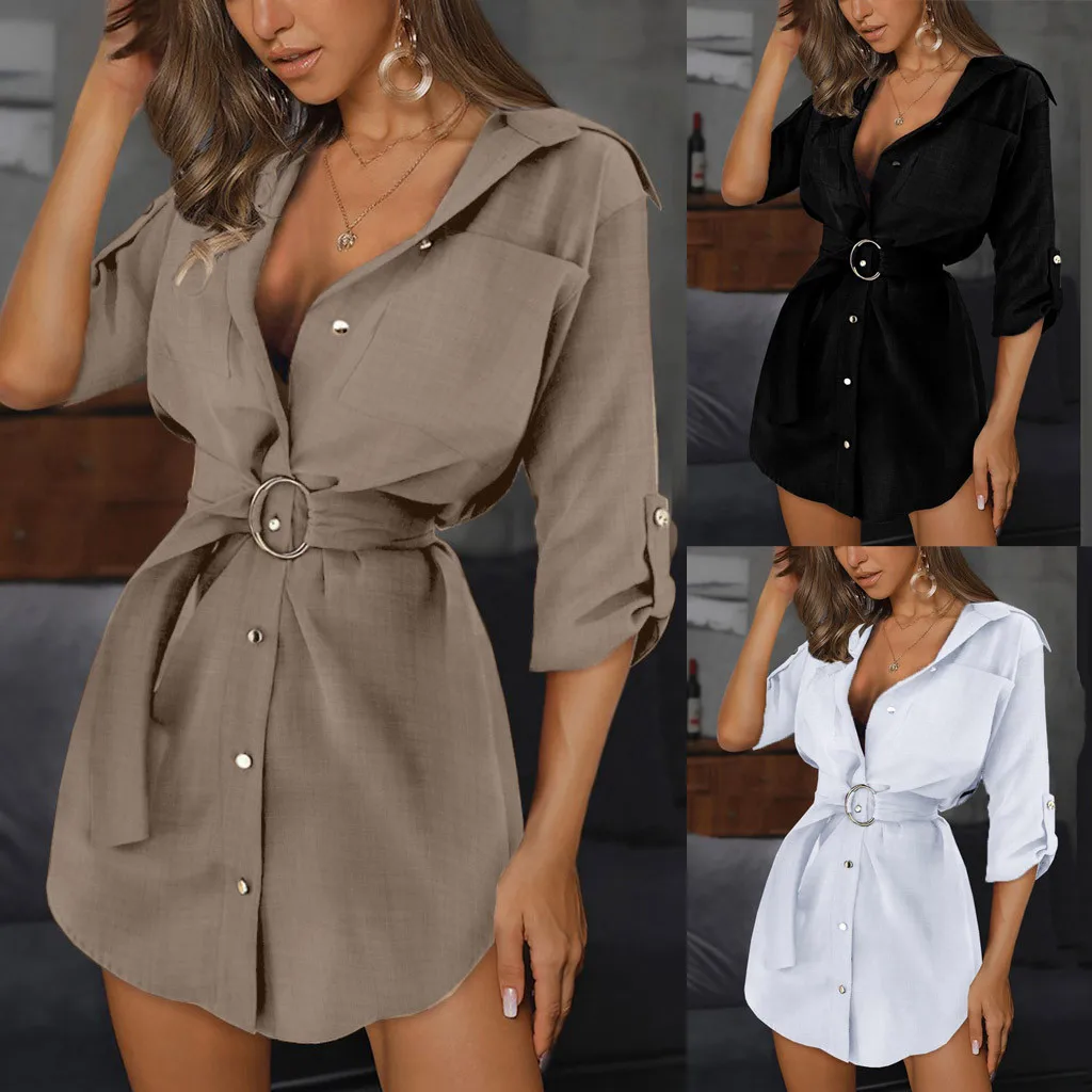 Women Autum Long Sleeve Mini Dress OL Belt Casual Work Plain Shirt Blouse Tops vestido de mujer женское платье#s | Женская