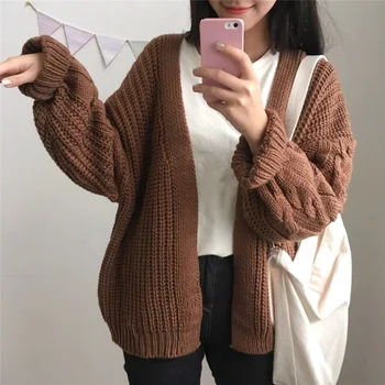 

Women Loose Long Sleeve Twist Knit Cardigan Sweater Fashion Solid Color Coat FS99