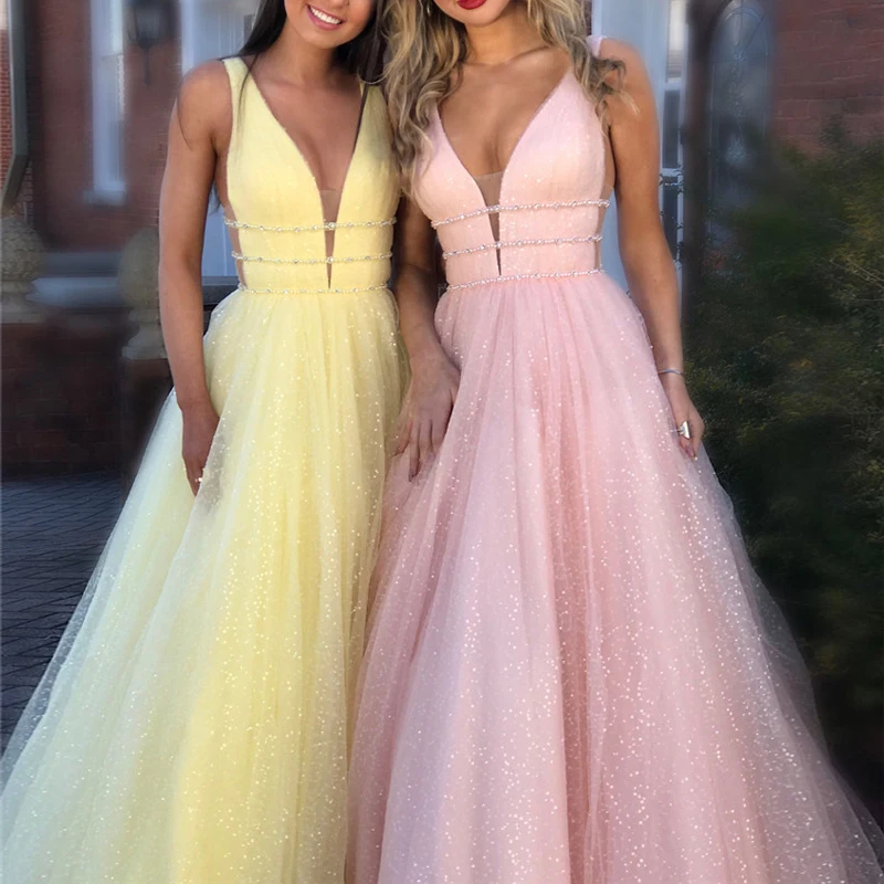Shiny Prom Dress 2020 Roze A-lijn V-hals Mouwloos Glitter Lange Party Dress Formele Elegante Jurken Vestido Formaat Shiny Prom Dress 2020 Roze A-lijn V-hals Mouwloos Glitter Lange Party Dress Formele Elegante Jurken Vestido Formaat