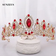 Золотые металлические Свадебные короны, прозрачные кристаллы, красные стразы, свадебные диадемы, аксессуары для головы невесты, SQ435