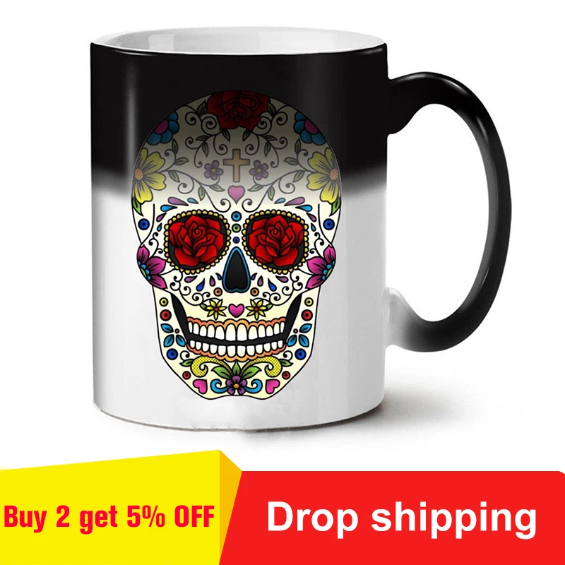 

Colorful Skull Mugs Glass Heat Color Changing Cup Discoloration Magic Creative Personality Funny Ceramic Coffee Cup Mug Skull