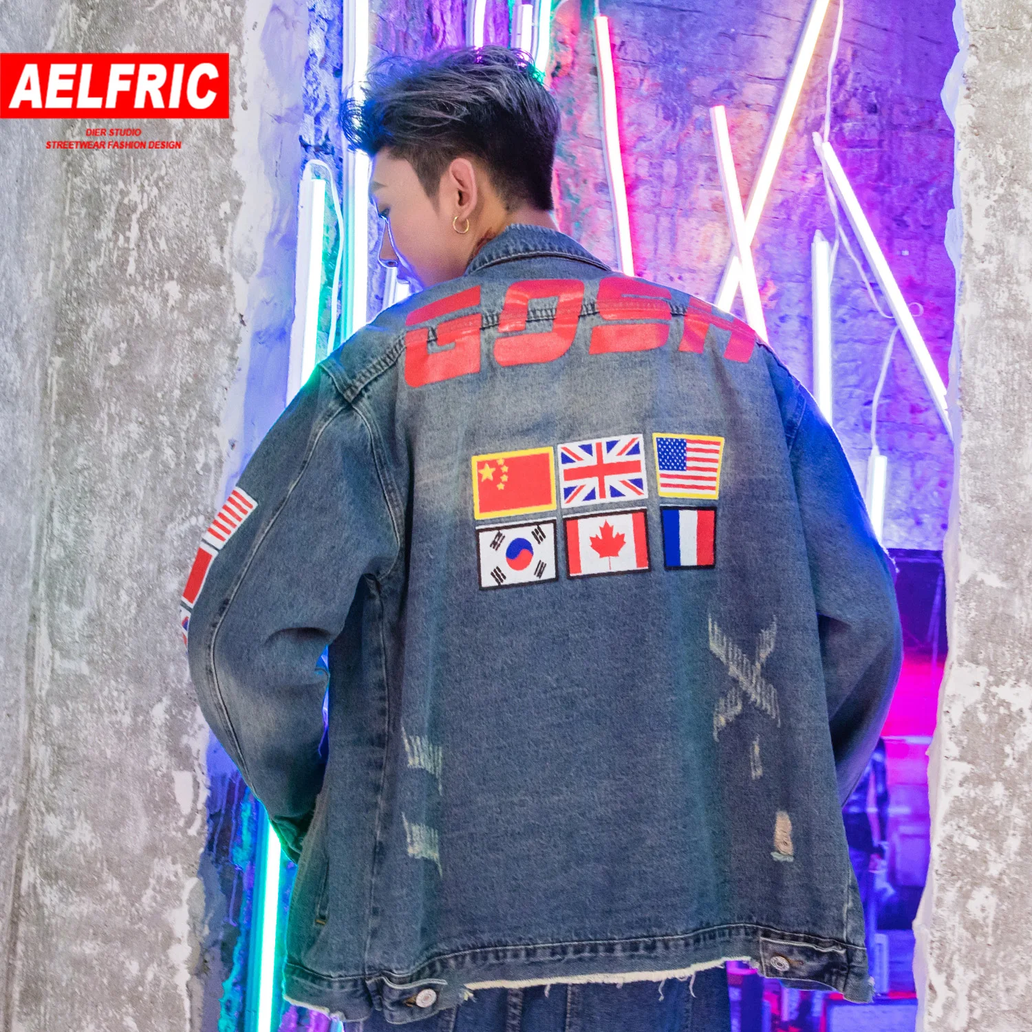 

AELFRIC National Flag Letter Printed Men Denim Jackets Harajuku Hip Hop Fashion Streetwear Casual Male Oversized Vintage Coats