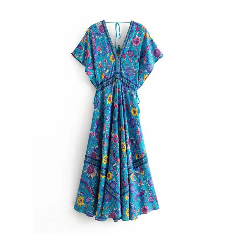 

C5717-8171 WOMEN'S Dress Retro Vacation Style Peacock Printed Positioning V-neck Lace-up Tassels Longuette