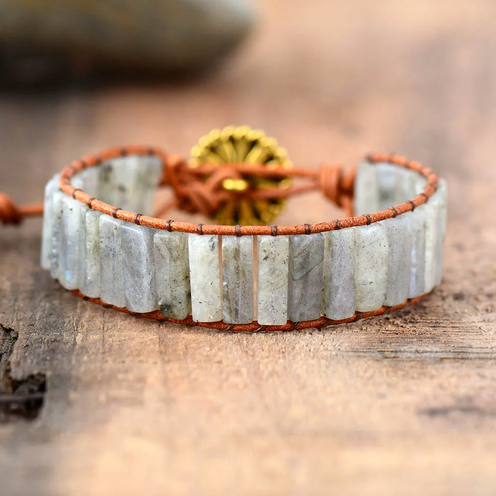 New Fashion Bracelets Light Labradorite Single Boho Leather Wrap Bracelet Semi Precious Stone Beaded Cuff Bracelet Dropship