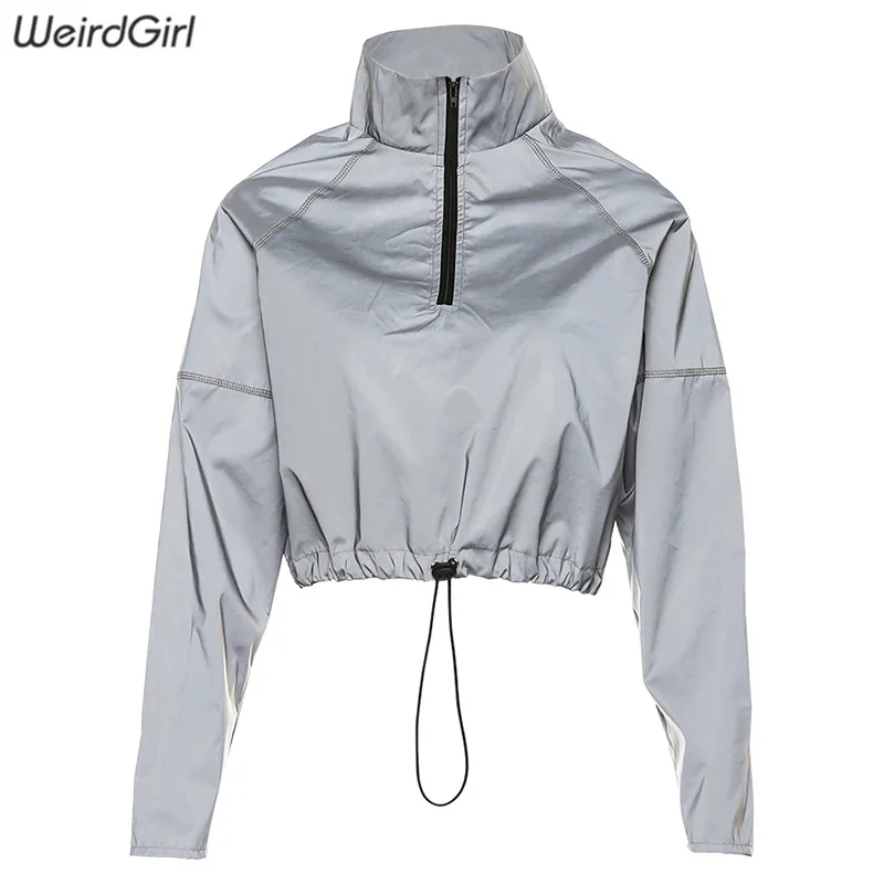 Weirdgirl/Осенняя женская верхняя одежда с отражателем, пальто, короткая водолазка на молнии с длинным рукавом, женская модная Серебристая куртка с отражателем - Цвет: Серебристый