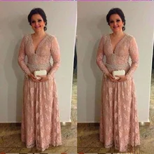 Plus Size Long Sleeves Mother of the Bride Dresses A-Line Lace Appliques V-Neck Floor Length Prom Gown Women Formal Party Wear