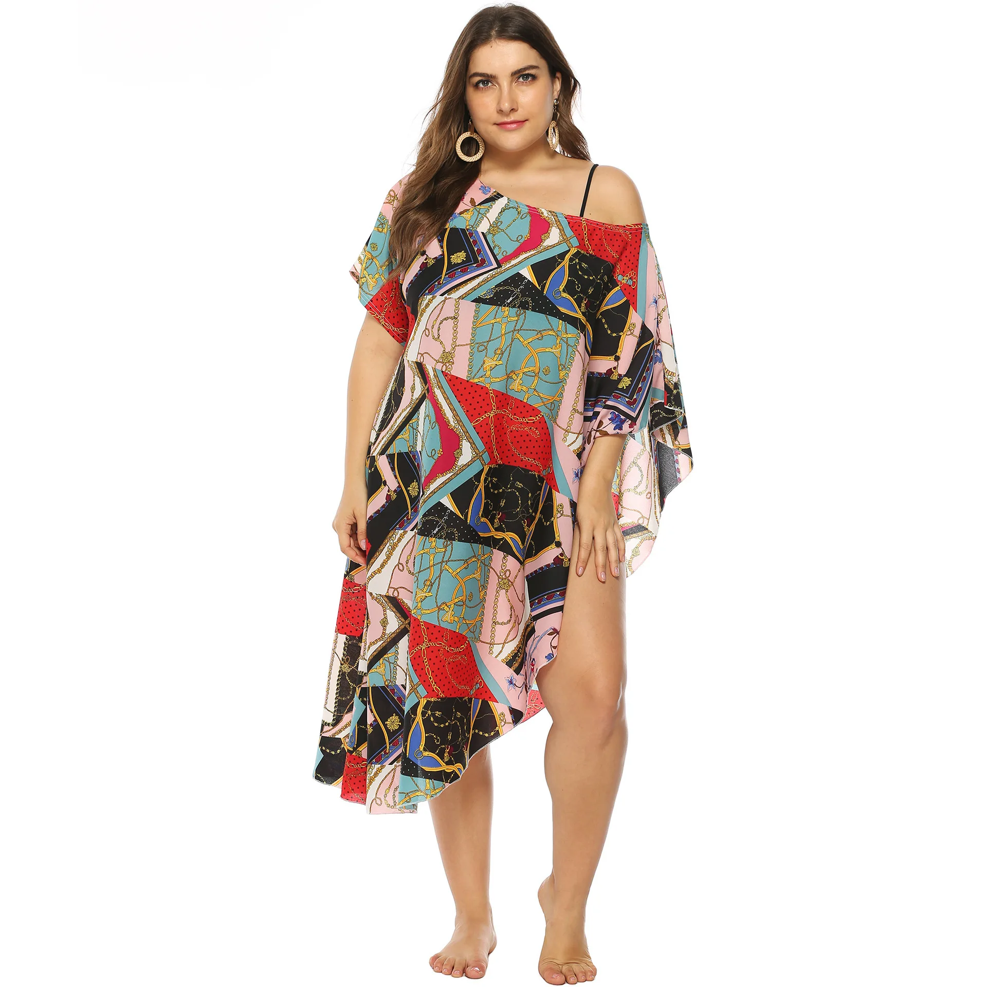 

Plus Size Women's Clothes Vintage Printed Irregular Off Shoulder Beach Bikini Blouse Dress Patterned beach swimsuit blouse