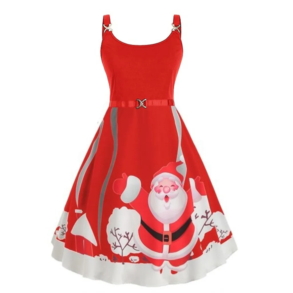 Осенне-зимнее рождественское платье Новогоднее праздничное женское модное винтажное рождественское платье с принтом Санта Клауса и снежинки#25 - Цвет: Red