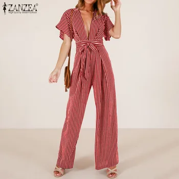

Plus Size ZANZEA Elegant High Waist Rompers Women's Summer OL Jumpsuits Casual V Neck Rompers Female Short Sleeve Overalls Pant