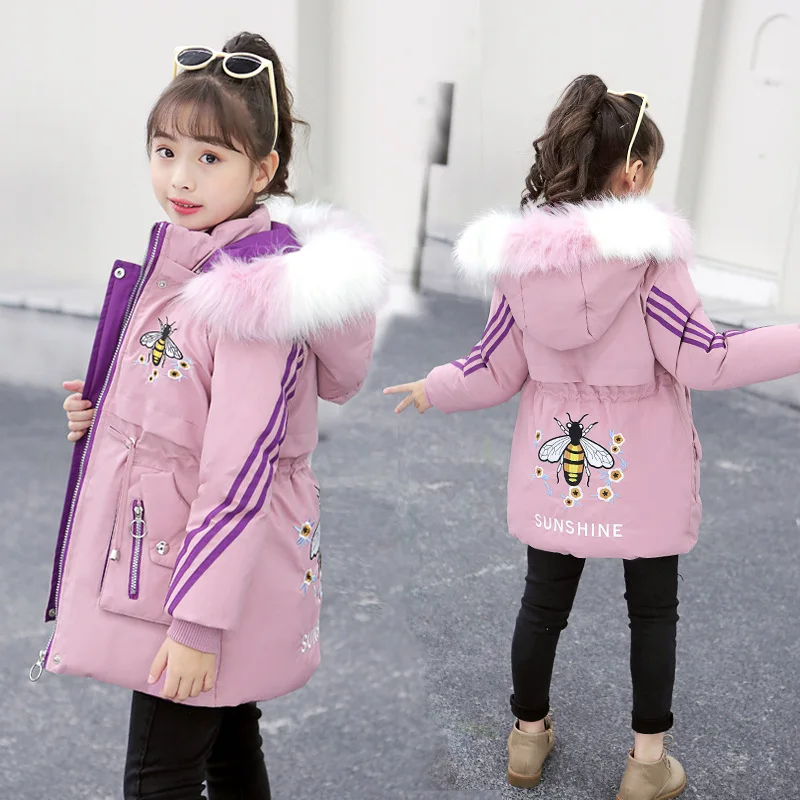 Зимняя модная теплая длинная куртка с цветным воротником и капюшоном для девочек хлопковая куртка с рисунком пчелы для девочек