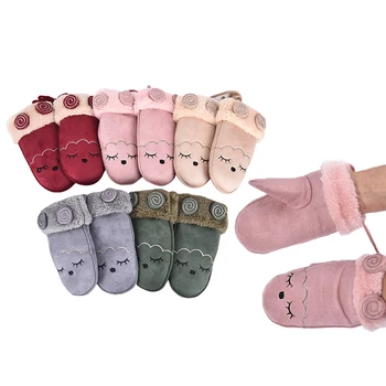 

Child Winter Cashmere Cartoon Suede Leather Boys Girls Faux Sheepskin Gloves
